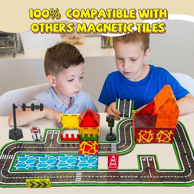Magnetic Tiles Road Set with Pullback Car & Magnet Ship,Traffic Themed Magnetic Building Tiles Set with Traffic Light,STEM Magnet Tile for Kids Ages 3-5 4-8 5-7,Preschool Educational Kids Toys Gift