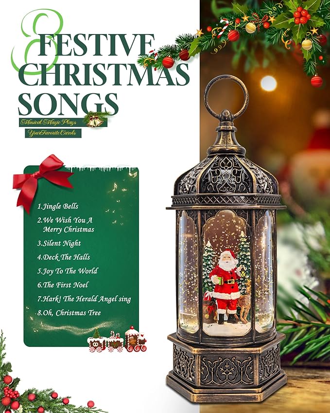 Musical Christmas Snow Globes Lantern, 13" Lighted Electric Snowglobes with 8 Holiday Songs, 6H Timer Dual Power, Santa & Deer Christmas Ornaments Snow Globe for Kids Adults, Gifts for Men Women