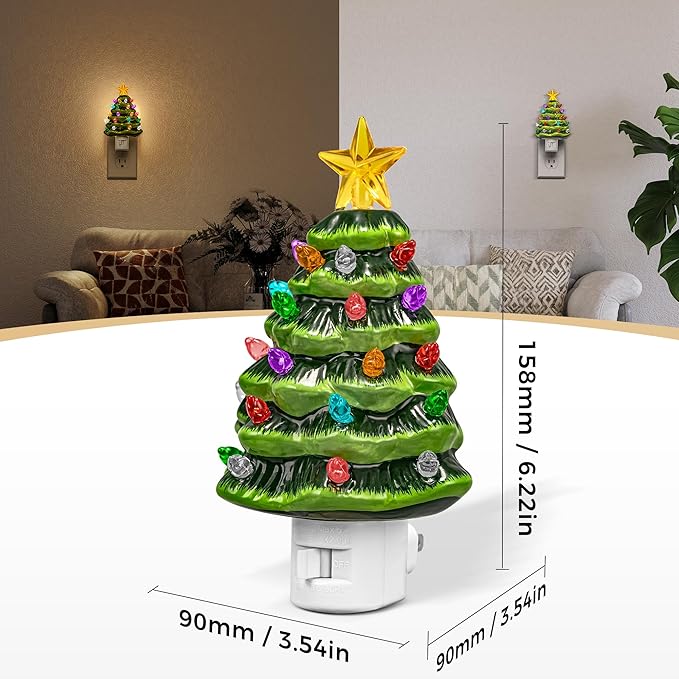 DORESshop Ceramic Christmas Tree Night Light, 3000K Night Lights Plug into Wall, Cute & Funny Christmas Decor Night Light for Kids, Plug in Nightlight with 360° Rotatable, Holiday Party Decor, 2 Pack