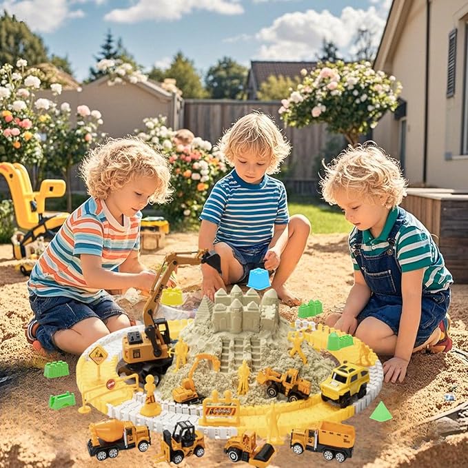 Sand Construction Kit, 2.8lbs Play Sand with Sandbox, 1 Toy Mat 8 Alloy Construction Trucks Race Tracks 10 Sand Molds Sensory Bin Toys for Toddlers Boys Girls Ages 3-8
