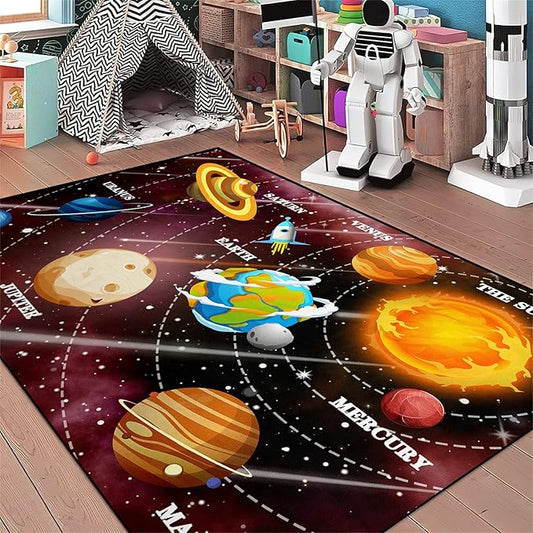 Space Rugs Educational Learning Black Large Size Solar System Carpet Rugs Kids Rug for Bedroom Boys Space Area Rug Living Bedroom, 3'×4'