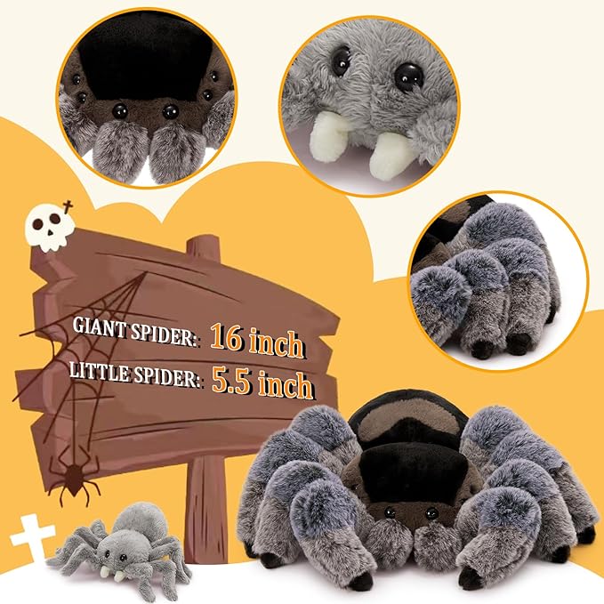 MorisMos 4Pcs Large Spider Plush, 16inch Mommy Spider Stuffed Animal with 3 Babies, Realistic Plush Toys, Soft Cuddly Gifts for Kids