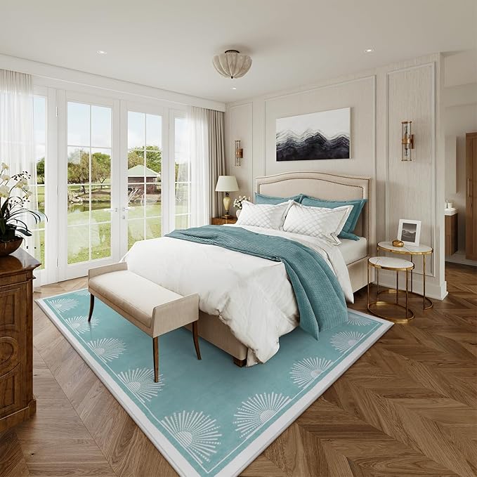 Modern Bedroom Rug 8x10 Under Bed, Low Pile Teal Washable Rugs for Living Room,Soft Sun Printed Large Rug,Aqua Dining Room Rugs for Under Table Classroom Dorm(8x10ft,Teal)