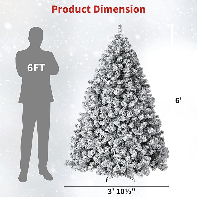 6FT Prelit Fluffy Snow Flocked Fraser Fir Artificial Christmas Tree with Warm White Lights, Hinged Branches, 800 Tips, Artificial Christmas Tree Include Metal Stand for Holiday Home Decor