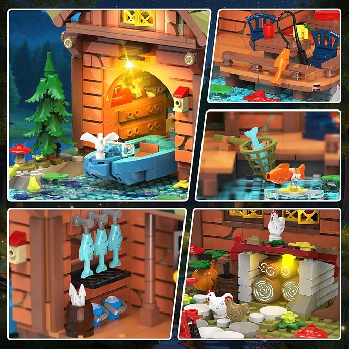 Overwater Cabin Mini Building Set with Light, 2423 PCS Wooden Forest House Building Block Toy with Boat Bike Animals, Home Decor Treehouse Construction Model Kit for Adults Teens Boys Girls 12+
