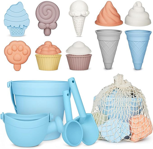 MarcZero 17Pcs Silicone Beach Toys,Modern Baby Beach Toys,Travel Friendly Beach Set,Silicone Bucket, Watering Can, Shovel, 12 Sand Molds, Beach Bag,Silicone Sand Toys for Toddlers, Kids (Light Blue)