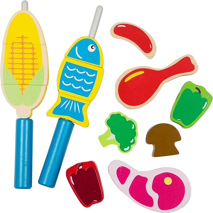 Cook 'N Grill Wooden BBQ Playset- Kids Pretend Play Wood Toy Barbeque w Food, Condiments & Grilling Tools- 30+ Pieces In All - Fun Indoor Outdoor Activity Set for Playrooms, Daycare Centers, Xmas Gift