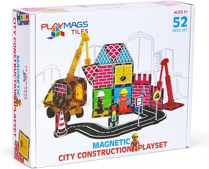 Playmags City Construction Magnetic Tiles Set, Building Blocks with Crane & Road Pieces, Educational STEM Toys for Boys & Girls Ages 3+ 52-Piece