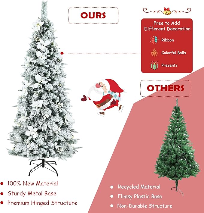 HappyGrill 6FT Skinny Pencil Christmas Tree with White Berries & Flowers, Hinged Artificial Tree with Metal Stand for Indoor/Outdoor