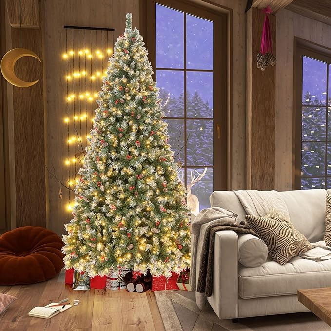 Goplus 9ft Pre-Lit Christmas Tree, Artificial Hinged Xmas Tree with 650 Warm-White LED Lights, 8 Lighting Modes, 1740 Branch Tips, Red Berries & Pinecones, for Holiday Party Office Home Decor