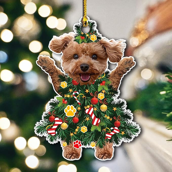 2025 Poodle Dog Christmas Ornament - Adorable Poodle Dog Dressed as a Christmas Tree - Fun and Festive Acrylic Decoration