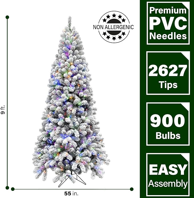 Fraser Hill Farm 9-Ft. Alaskan Pine Flocked Artificial Christmas Tree with Dual Multicolor & Warm White LED Lights and Stand, Prelit Foldable Fake Tree with Realistic Snowy Foliage for Home Decor