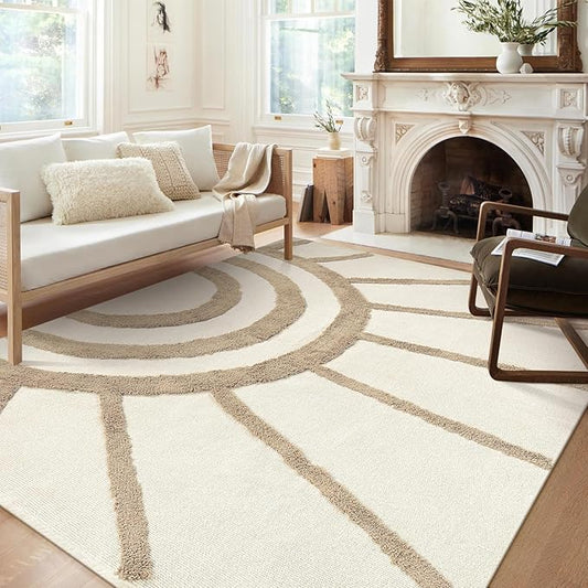 OJIA Boho Area Rug 5'x8', Washable Tufted Living Room Rugs Soft Bedroom Rug Nursery Rug, Farmhouse Cotton Woven Tan Floor Carpet Rugs for Dorm/Kids Room/Nursery/Classroom/Office