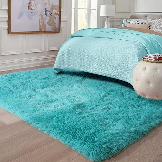Ompaa Teal Blue 9x12 Area Rugs Large Fluffy Living Room Carpet for Bedroom Dorm, Non-Slip High Pile, Modern Big Shag Rug for Classroom Kids Playroom Nursery Home Office Decor