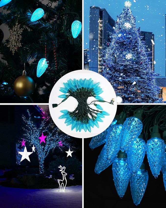C9 Led Christmas String Lights Outdoor, 33.3ft 50 LED Waterproof Decorative Light Strand, Extendable Green Wire String Lights for House, Christmas Tree, Patio, Party Decoration, Turquoise
