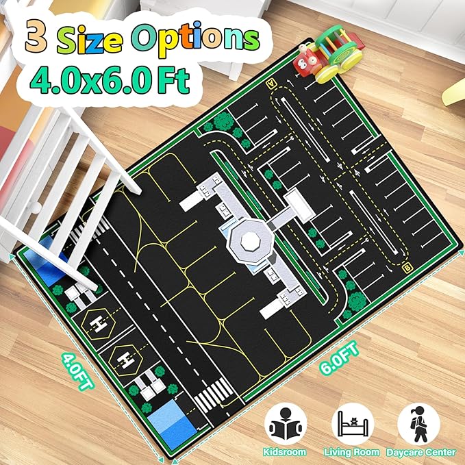 Kids Rug, Road Rug for Kids with Combined City Road Traffic System, Car & Airport Rugs, 4x6 Ft Children’s Play Rugs for Playroom, Children’s City Traffic Map Fun Car Carpet, Non-Slip