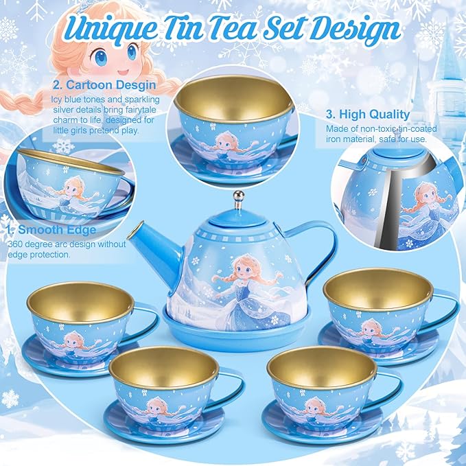 Tea Party Set for Little Girls, 49PCS Princess Tea Time Toys Including Teaset Dessert Carrying Case, Kids Pretend Play Kitchen Toys, Toddler Girl Birthday Gifts for 3-8 Year Old, Snowflake