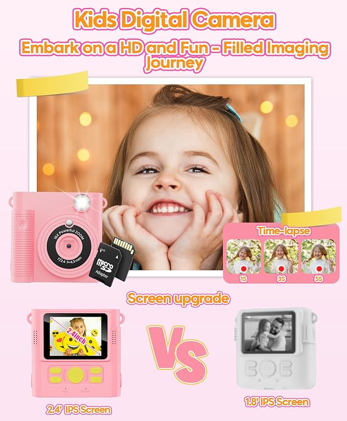 WONNIE Kids Camera Instant Print,1080P Selfie Digital Camera with 2.4" Screen & 32GB Card,Toddler Portable Toy for Ages 3-12,Christma-s Birthday Gifts for 3 4 5 6 7 8 9 Year Old Girls Pink