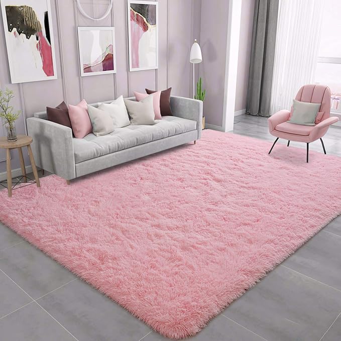 Ompaa Pink 8x10 Feet Large Area Rugs Fluffy Living Room Carpet, Wall to Wall Big Shag Pink Rug for Bedroom Girls Playroom Classroom Nursery Home Office Decor