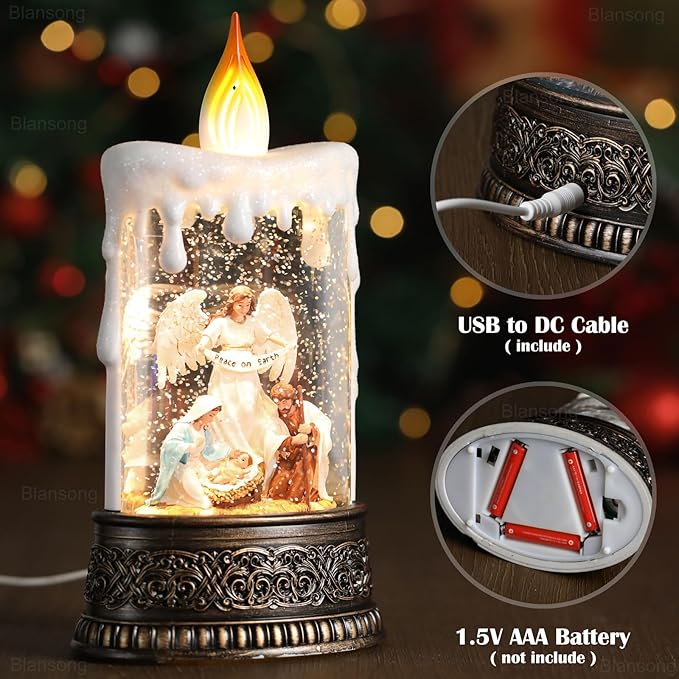 Nativity Snow Globes Candle Home Decor Accent Auto Snowfall Glitter Music Collection Angel Nativity Scene Peace on Earth with 6H Timer USB/Battery Powered 9.7 inch
