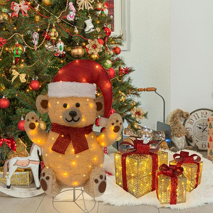 Lighted Christmas Bear Decorations, Pop-Up Bear Outdoor Yard Woodland Christmas Decor Prelit 70 Lights, Collapsible Lighted Bear Wears Santa Hat for Home Porch Yard Christmas Décor-Brown