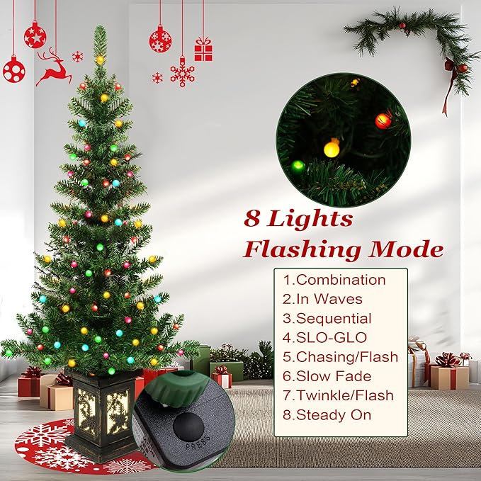 2Pcs 4FT Pre-lit Artificial Potted Christmas Tree with 100 LED Colorful Lights，Artificial Xmas Trees with Retro Snowflack Light Box Base, 190 Branch Tips, Small Xma Tree Decora for Porch,Table, Home