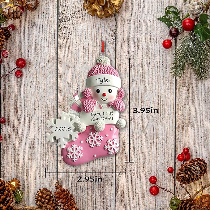 Personalized Ornament Baby's First Christmas 2025 Customized Snowman Ornaments with Name Xmas Tree Decoration Gifts for New Born Baby Girl (Pink)