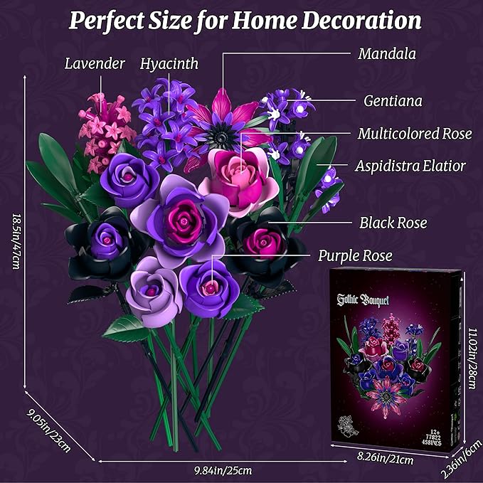 Purple Rose Bouquet Building Set: Compatible with Lego Flowers for Adults Women Gothic Artificial Botanical Collection Halloween Christmas Valentine's Gifts Home Decor (458 PCS)