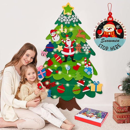 Onekka DIY Felt Christmas Tree for Toddlers with 32 pcs Detachable Ornaments+Snowman Advent Calendar, 3.2ft My First Christmas Tree, Xmas Gift for Kids with String Lights (Batteries Not Included)