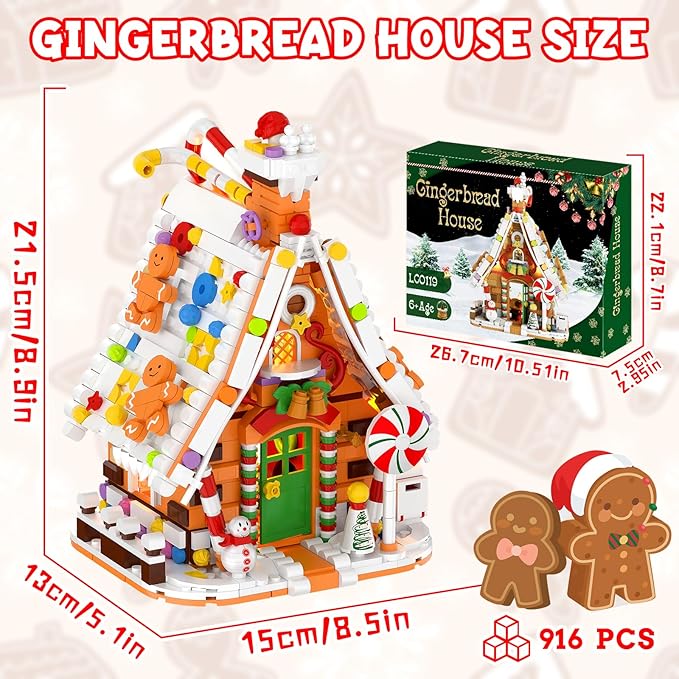 Gingerbread House Building Set with Light Kit, Large Christmas Village Gingerbread House Compatible with Legos Christmas Sets, Inspired Stocking Stuffer or Holiday Decor for Kids or Adults(916PCS)