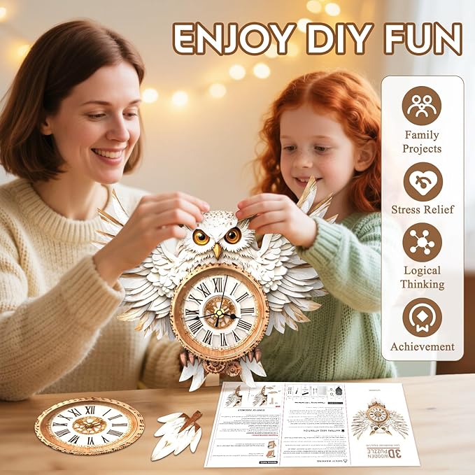 3D Puzzles for Adults Clock-Snowy Owl Design Model Kit-Mechanical DIY Pendulum Clock with Roman Numerals-Desk Home Office Decor Personalized Gift for DIY Lovers