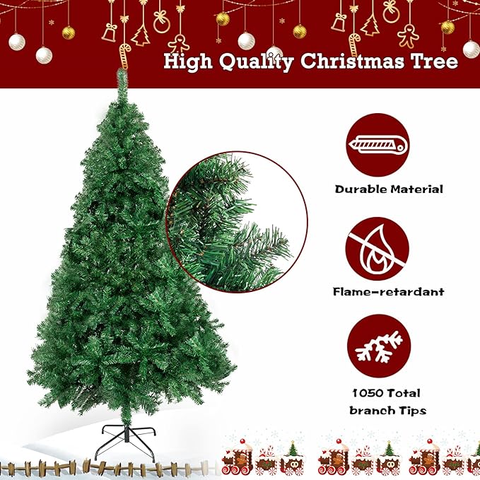 Bonnlo 6 Feet Unlit Artificial Christmas Pine Tree with Sturdy Metal Legs, Full 1050 Tips Branch for Indoor and Outdoor, Green