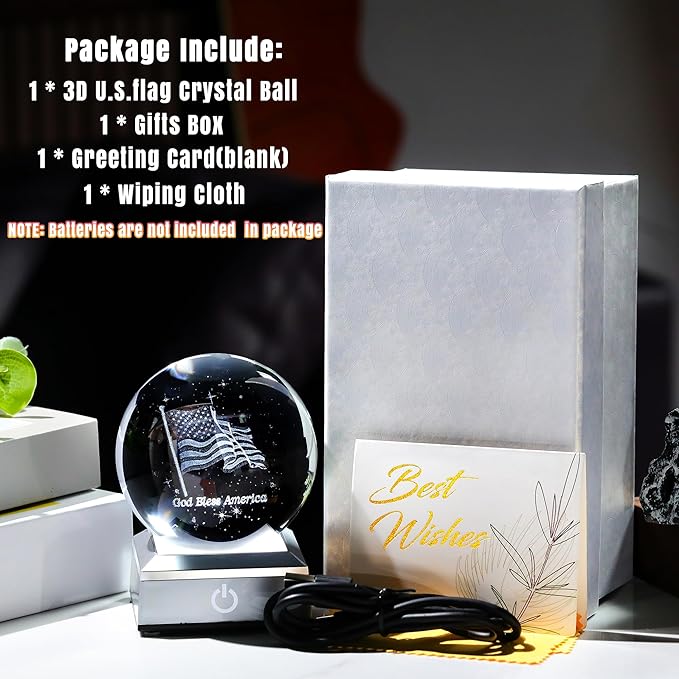 Ornalrist 3D Crystal Ball Engraved American Flag Gifts for Men, Women, Him Father - Crystal Ball Engraved USA Flag & God Bless America Text 3.15in with Colorful LED Light Base Home Decor