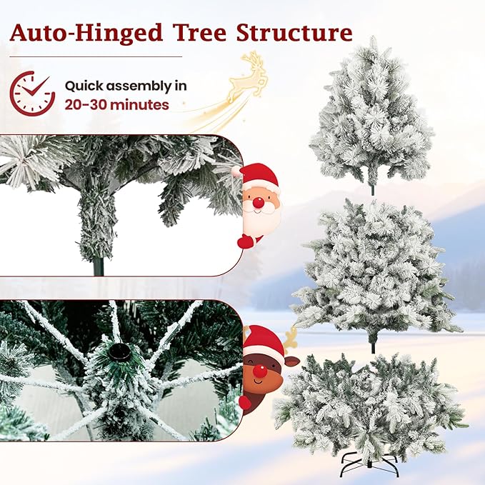 6ft Snow-Flocked Artificial Christmas Tree, LED pre-lit Holiday Xmas Tree for Home Office Party Decoration with 860 PE&PVC Hinged Branch Tips and 300 Warm White Lights, Foldable Stand