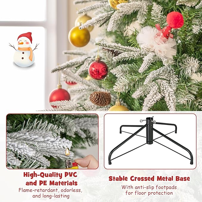 Goplus 7.5 FT Pre-Lit Artificial Christmas Tree, Snow Flocked Hinged Xmas Tree with 470 Warm-White LED Lights, 1135 Tips, 81 Pine Cones, Lighted Xmas Tree for Office Home Decoration