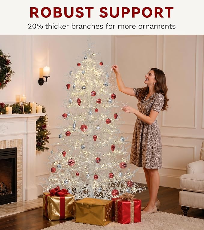 DWVO 7.5ft Pre-lit Artificial Christmas Tree, White Birch Prelit Christmas Trees for Home, Office, Party with 650 Thickened Branch Tips & 400 UL Listed Lights, Automatic Branches with Remote Control