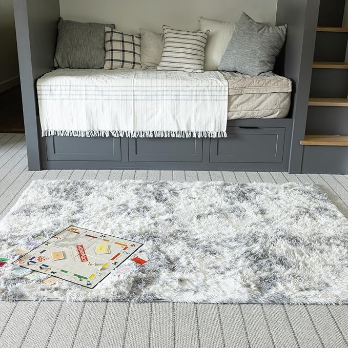 Ophanie Grey and White Area Rugs for Living Room 5x7, Fluffy Shag Large Fuzzy Plush Soft Carpets, Floor Shaggy Rugs for Bedroom, Carpet for Kids Boys Girls Dorm Nursery Home Decor Aesthetic
