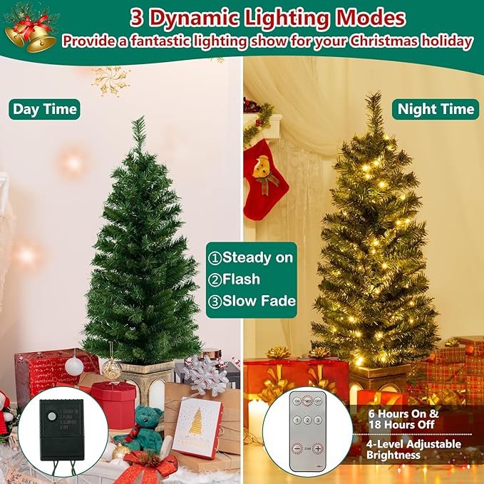 Goplus 4ft Pre-Lit Christmas Tree for Entrances, Artificial Potted Xmas Tree with 100 LED Lights, Timer, 3 Lighting Modes, 160 Branch Tips, Antique Urn Base, Porch Indoor Holiday Christmas Decoration