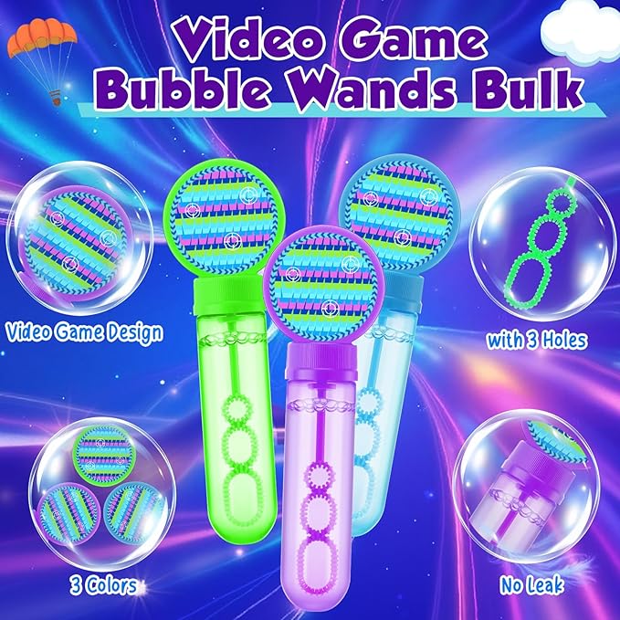 24 Pcs Video Game Bubble Wands Mini Gaming Bubble Toys for Kids Toddlers Video Game Party Christmas Birthday Gifts Filler Goodie Bag Stuffer (Purple, Blue, Green)