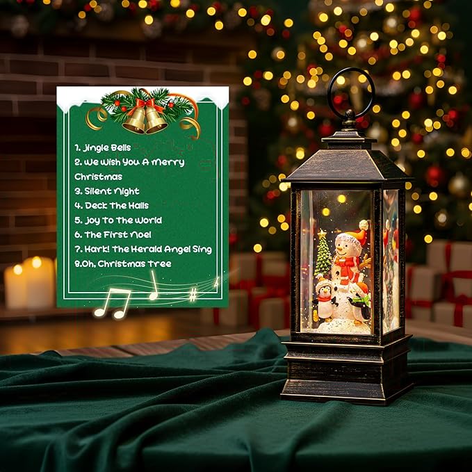 10'' Musical Snow Globe Lantern Lighted Snowman with Penguin Water Lantern Swirling Glittering Home Decoration and Gift, Battery Operated or USB Powered