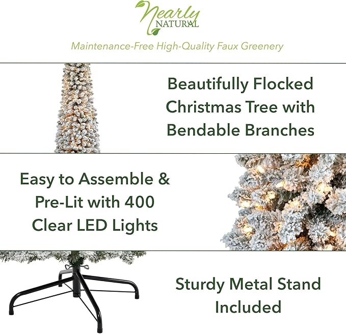 Nearly Natural 7ft. Flocked Pencil Artificial Christmas Tree with 400 Clear Lights and 574 Bendable Branches