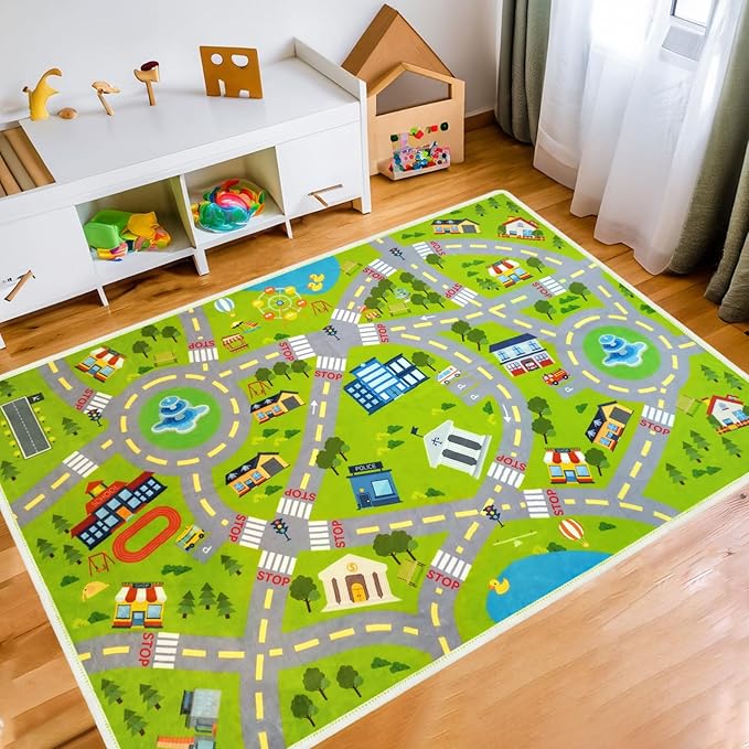 Kids Carpet Car Rug Play Mat, Road Rug - Play Learn and Have Fun Safely - Extra Large Thick (0.6cm) Kids Carpet for Playroom, Kids Bedroom, Toddler Room, Non-Slip Rugs(KR1,2.6 * 4ft)