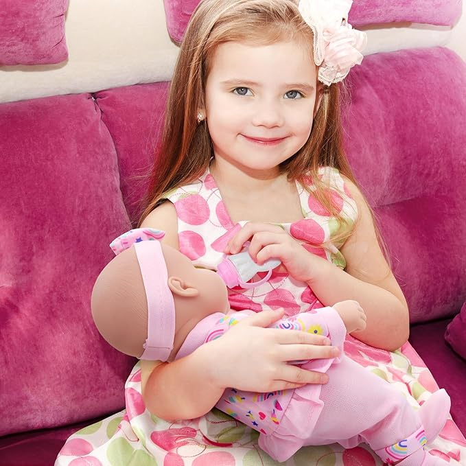 Ecore Fun 12 Inch Baby Doll with Clothes and Accessories,16 Pcs Reborn Alive Doll Playset Sets Include 12 Inch Doll,2 Sets of Clothes,Headband,Soft Socks,Tableware ,Feeding Bottle, Diapers,Nipple