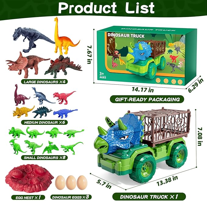 22 in 1 Triceratops Dinosaur Truck Toys for Kids Boys Ages 3-5-7 4-8, Dino Carrier Truck with 18 Jurassic Dino Figures, 3 Dinosaur Eggs, 3 4 5 6 7 8 Year Old Toddler Boy Girl Birthday Gifts