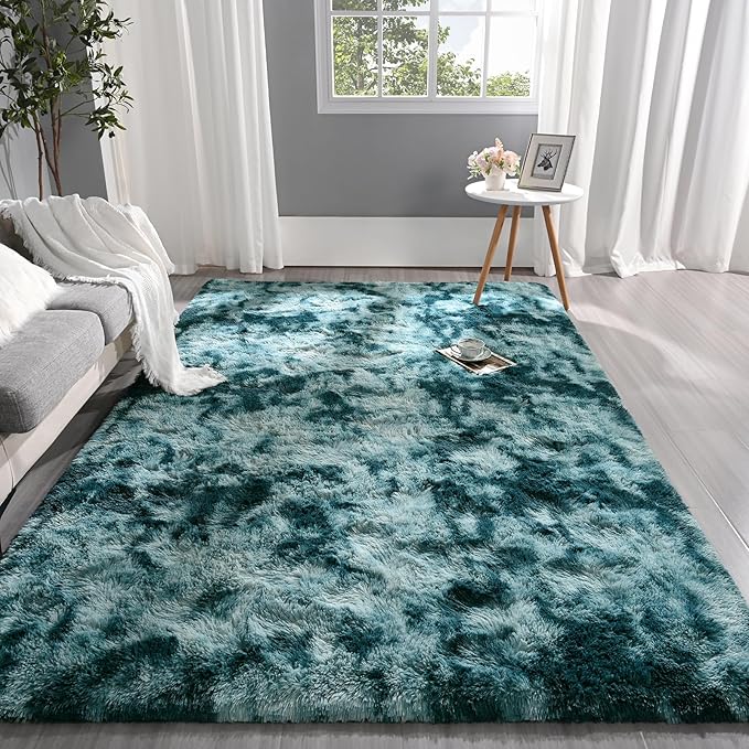 Pettop Fluffy Tie-Dye Peacock Blue Rug for Bedroom Living Room, 5x8 Feet Super Soft Shaggy Plush Fuzzy Rugs for Girls Kids Boys, Non-Slip and Washable Rug for Nursery Classroom, Carpet for Rooms Decor