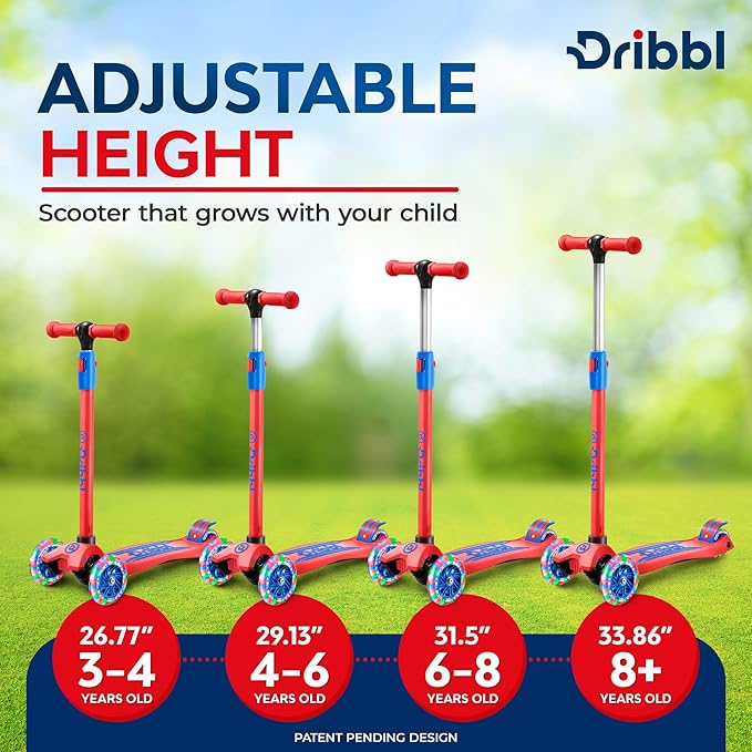 3-Wheel Kids Scooter - Lean-to-Steer Technology, Adjustable Height Handlebar, Anti-Slip Deck, Scooter for Boys & Girls Ages 3+, Child Safety Approved, Support Riders Up To 165 lbs, Red and Blue