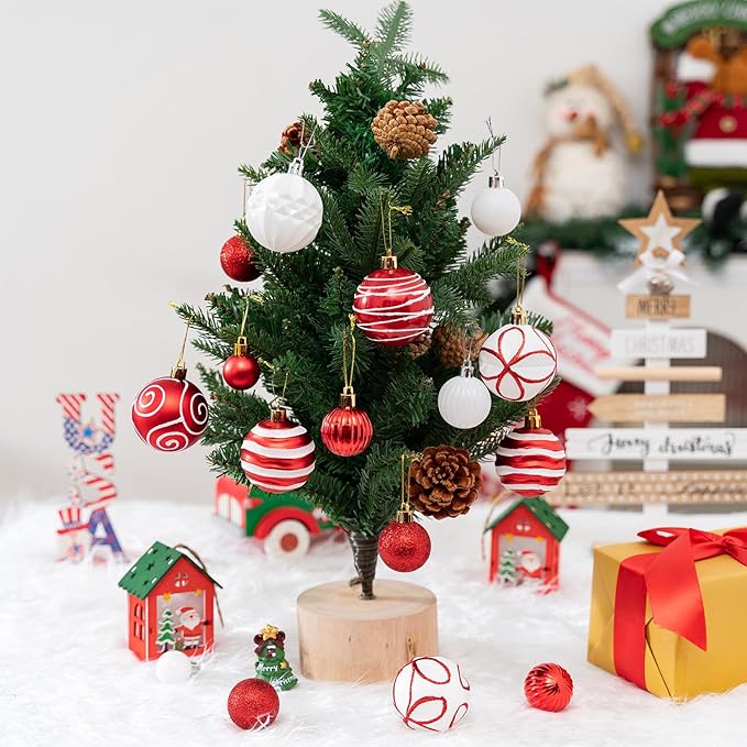 100Pcs Christmas Ball Ornaments Set, Shatterproof Plastic Red and White Christmas Ornaments for Xmas Tree, Assorted Baubles Hanging Decorations for Holiday/Party/Wedding