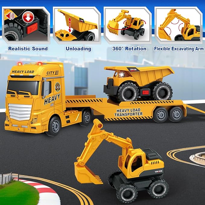 Toddler Boy Toys for 3 4 5 6 7 Years Kids, 25" Semi Construction Carrier Truck Toy with Excavator and Dump Truck, Friction Powered Toys with Lights and Sounds, Birthday for Boy Girls