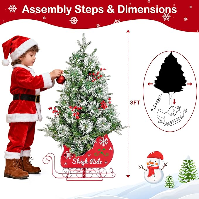 3FT Small Christmas Tree, Artificial Christmas Tree with 78 LED Lights & Bobsleigh Base, Prelit Mini Tree for Christmas Decor,Tabletop Christmas Tree, 8 Modes Remote Control, Timer Battery Operated