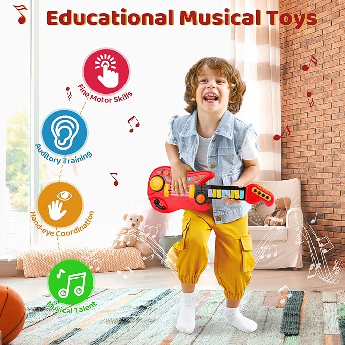 Kids Guitar 2 in 1 Musical Instruments for Kids Piano Toddler Toy Electric Guitars with Strap Music Toys for 3 4 5 Year Old Boys Girls Gifts (Red)